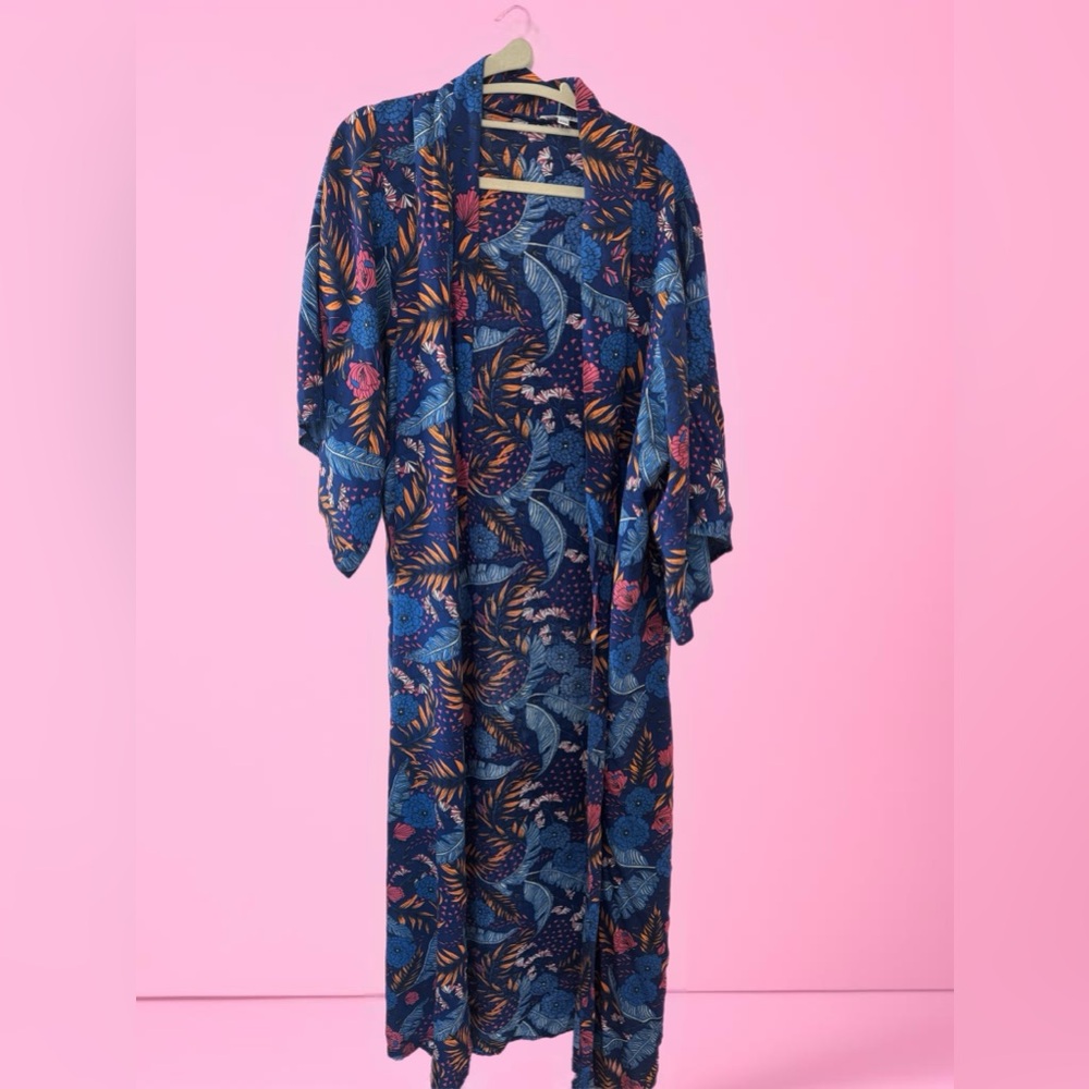 Floral Kimono with Blue and Orange Pattern